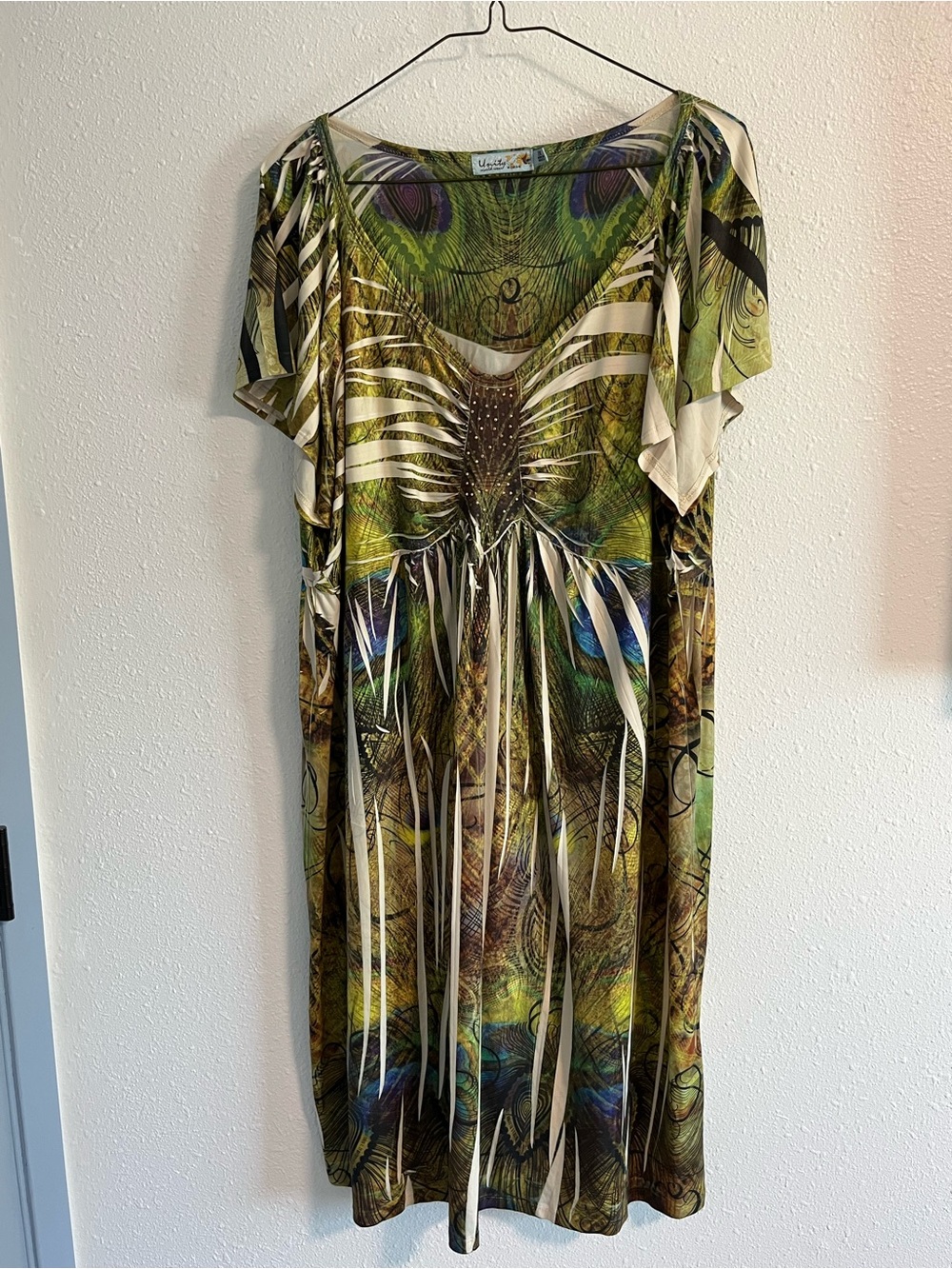 Unity World Wear Green and Blue Peacock-Print Midi Dress Size 3X